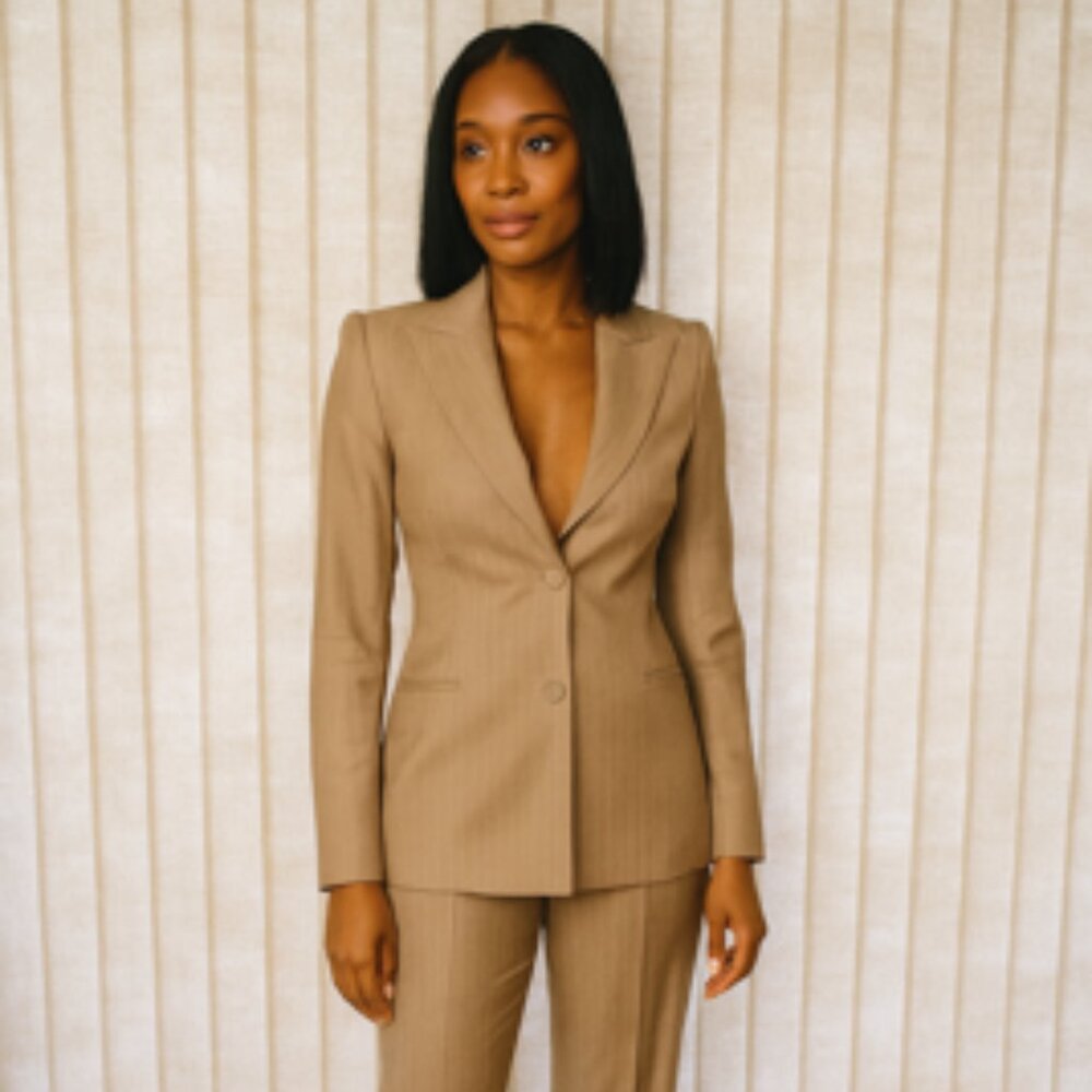 Escada Beige New Wool Pinstripe Pants Suit. Size‎ 34 (small)